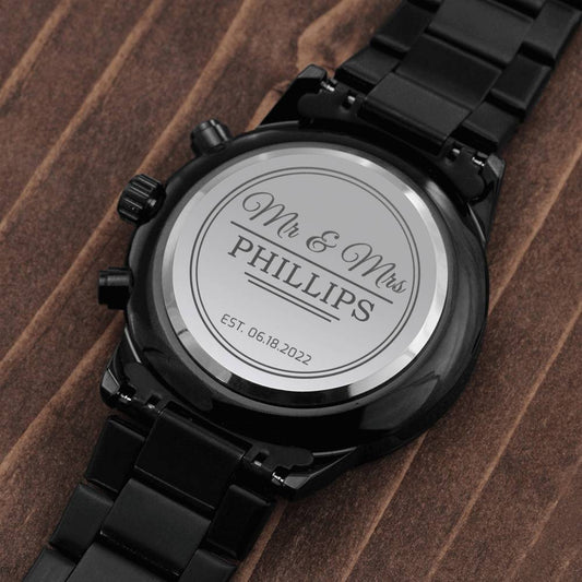 Personalized Groom Watch Gift From Bride On Wedding Day - New Family Name and Wedding Date