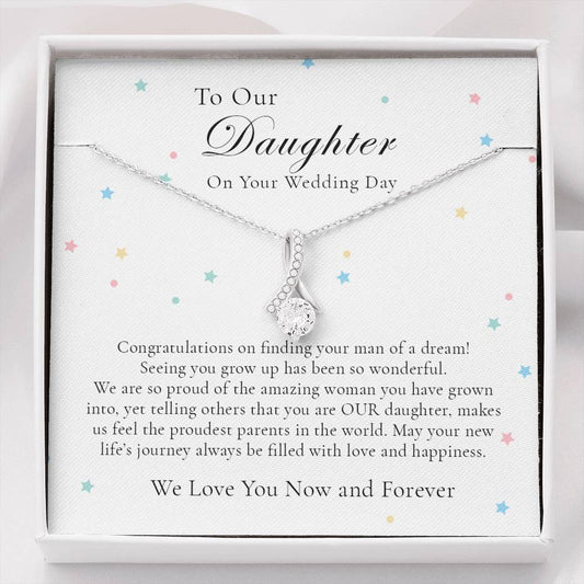 Proud Of The Woman You've Become - Daughter Wedding Gift from Mom and Dad - Alluring Beauty Necklace & Message Card