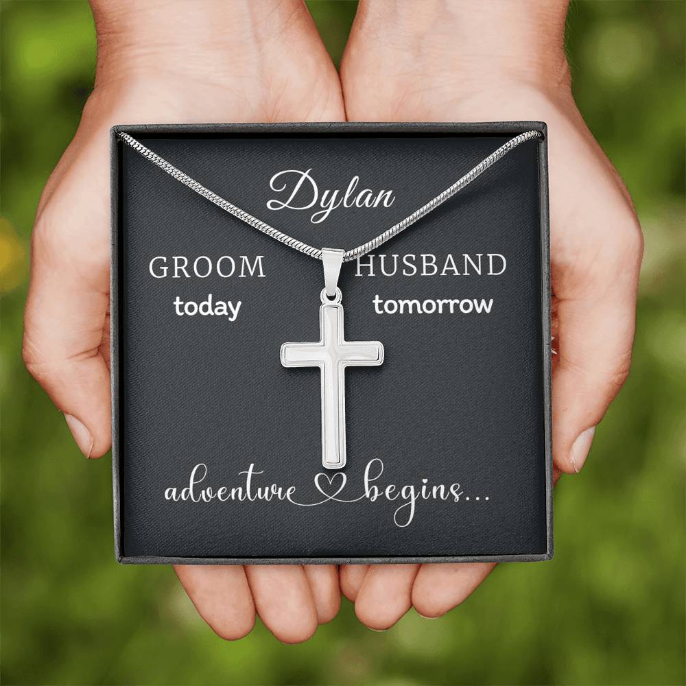 To My Groom On Our Wedding Day, Personalized Gift For Groom, Wedding Gift For My Husband, Cross Necklace For Groom, Gift From Bride to Groom - 1110146969